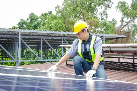 Asian technicians install panels Solar cells to produce Stock Photos