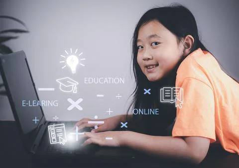 Asian teen using computer tablet with learning with doodle education and onli Stock Photos