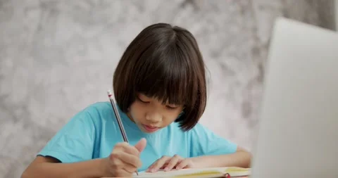 Asian Thai young kid learning online at home Stock Footage 138617762