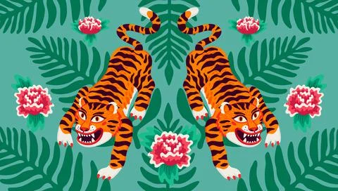 Asian Tiger symmetrical composition, vector tigers, and palm leaves and flowers Stockillustratie