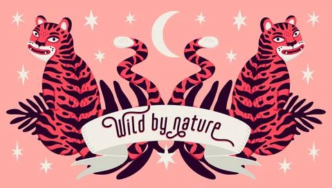 Asian Tiger symmetrical composition, vector tigers, and palm leaves and wild by 스톡 일러스트