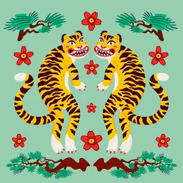 Asian Tiger symmetrical composition, vector tigers, and japanese pine branches Illustrazione stock
