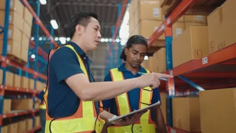 Asian two workers with list checking stock condition in business factory Stock Footage 205248805