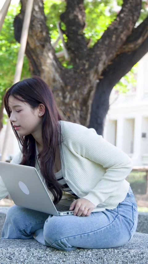 Asian University Student Using Laptop While Sitting Outdoors in Campus Park Stock Footage 333291565