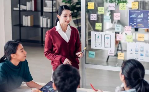 Asian ux developer and ui designer presenting mobile app interface design on  Stock Photos
