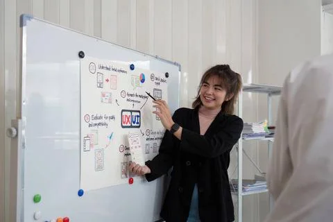 Asian ux developer and ui designer presenting mobile app interface design ... Stock Photos