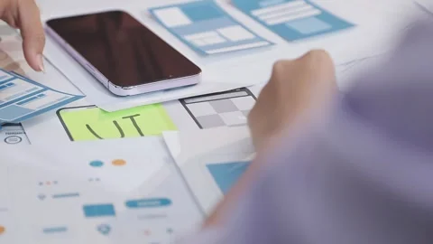 Asian uxui designer working on website design using sticky notes and wirefram Stock Footage 332275181