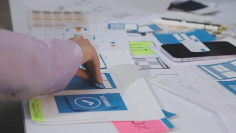 Asian uxui designer working on website design using sticky notes and wirefram Stock Footage 332275208
