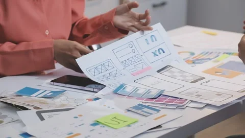 Asian uxui designer working on website design using sticky notes and wirefram Stock Footage 332275272