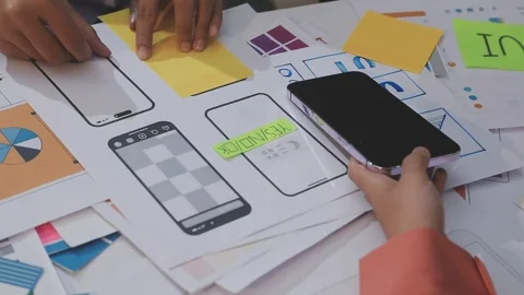 Asian uxui designer working on website design using sticky notes and wirefram Stock Footage 332275300
