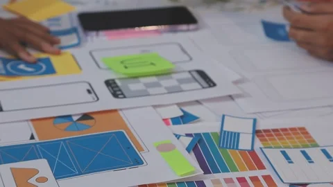 Asian uxui designer working on website design using sticky notes and wirefram Stock Footage 332275321