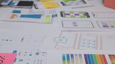 Asian uxui designer working on website design using sticky notes and wirefram Stock Footage 332275349
