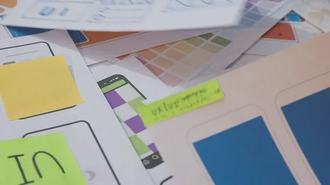 Asian uxui designer working on website design using sticky notes and wirefram Stock Footage 332275359