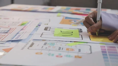Asian uxui designer working on website design using sticky notes and wirefram Stock Footage 332275371