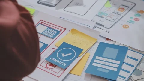 Asian uxui designer working on website design using sticky notes and wirefram Stock Footage 332275424