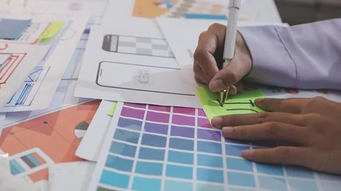 Asian uxui designer working on website design using sticky notes and wirefram Stock Footage 332275432
