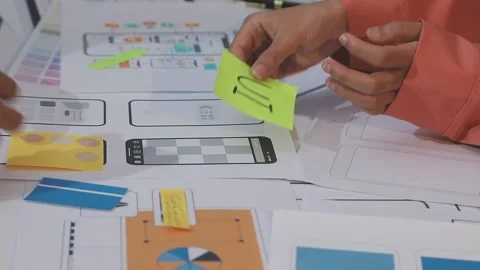 Asian uxui designer working on website design using sticky notes and wirefram Stock Footage 332275456