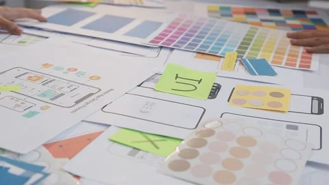 Asian uxui designer working on website design using sticky notes and wirefram Stock Footage 332275468