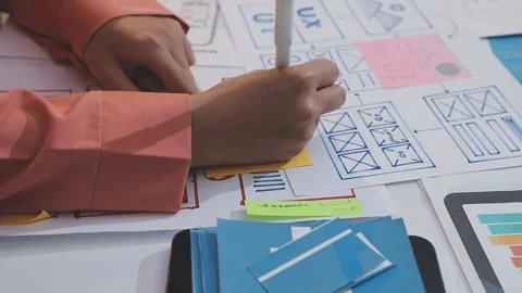Asian uxui designer working on website design using sticky notes and wirefram Stock Footage 332275515