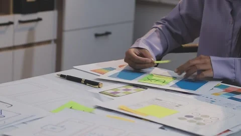 Asian uxui designer working on website design using sticky notes and wirefram Stock Footage 332275588