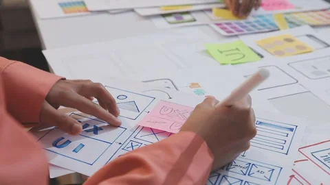 Asian uxui designer working on website design using sticky notes and wirefram Stock Footage 332275624