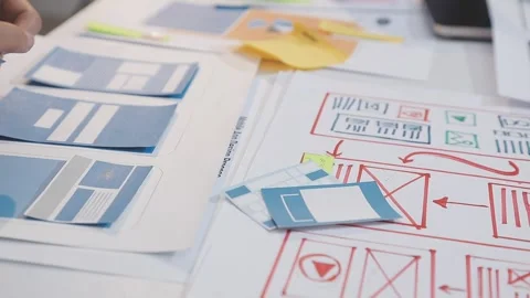 Asian uxui designer working on website design using sticky notes and wirefram Stock Footage 332275958