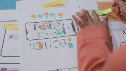 Asian uxui designer working on website design using sticky notes and wirefram Stock Footage 332276268