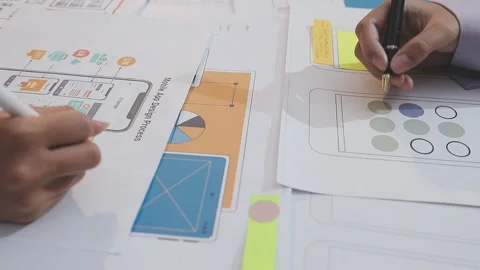 Asian uxui designer working on website design using sticky notes and wirefram Stock Footage 332276326