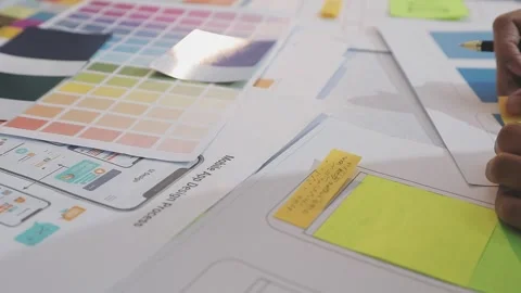 Asian uxui designer working on website design using sticky notes and wirefram Stock Footage 332276327