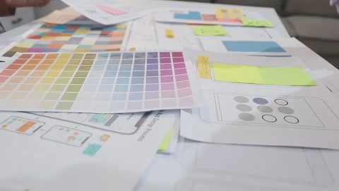 Asian uxui designer working on website design using sticky notes and wirefram Stock Footage 332276370