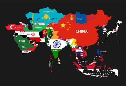 Asian vector map with countries mixed with their national flags Stock Illustration