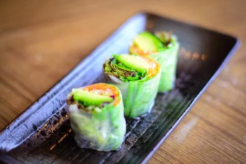 Asian vietnamese Vegetable and avocado wrap in rice skin Stock Photos