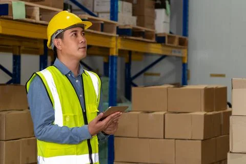 Asian warehouse worker checking packages in storehouse Foto stock