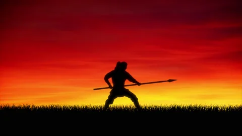 Asian warrior training at sunset. Video stock 131956120