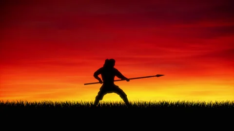 Asian warrior training at sunset. Video stock 131962396