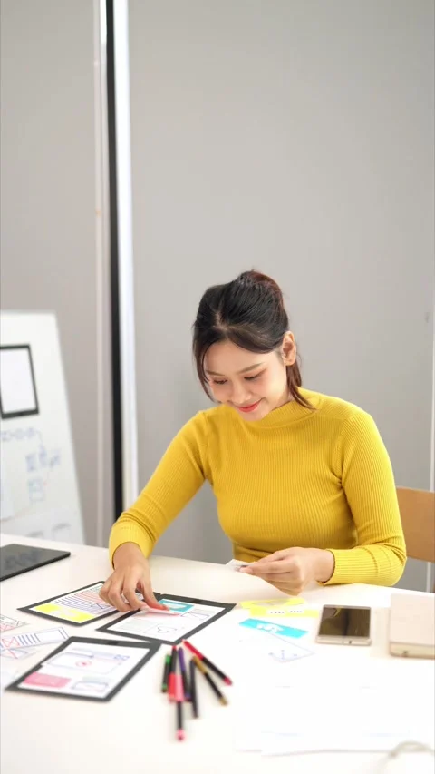 Asian Woman Designing User Interface for Mobile App and Website Adult Femal.. Stock Footage 333470359