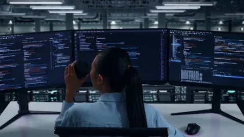 Asian Woman Developer Drinking Coffee And Using To Write Code In Data Center Stock Footage 270230210