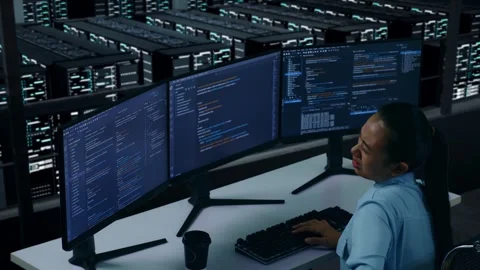 Asian Woman Developer Having Backache While Write Code In Data Center Stock Footage 270231133