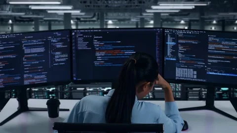 Asian Woman Developer Having Headache While Write Code In Data Center Stock Footage 270230055