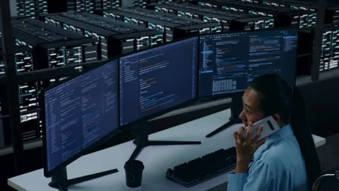 Asian Woman Developer Talking On Mobile Phone While Write Code In Data Center Stock Footage 270231061