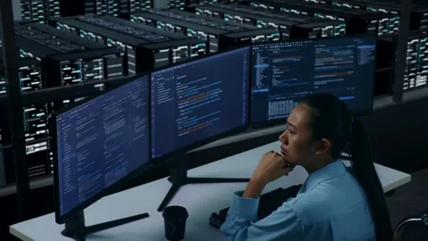 Asian Woman Developer Thinking About Something While Write Code In Data Center Stock Footage 270231079