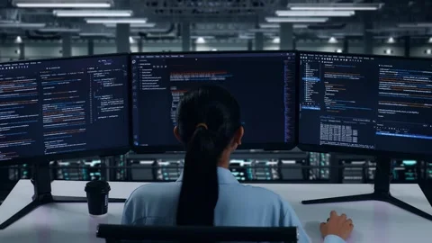 Asian Woman Developer Using To Write Code With Multiple Screens In Data Center Stock Footage 270230001