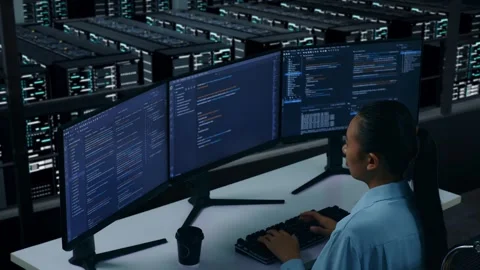 Asian Woman Developer Using To Write Code In Data Center Stock Footage 270230905