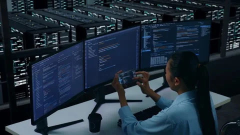 Asian Woman Developer Working With Mobile Phone While Write Code In Data Center Stock Footage 270231037