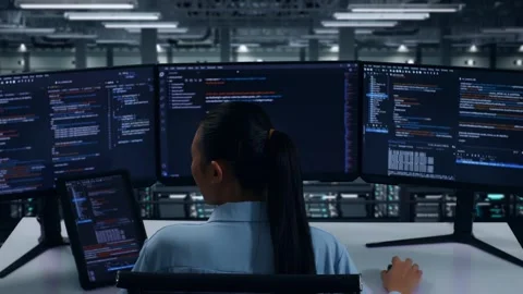 Asian Woman Developer Working With Tablet While Write Code In Data Center Stock Footage 270230091