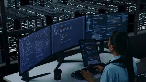 Asian Woman Developer Working With Tablet While Write Code In Data Center Stock Footage 270231006
