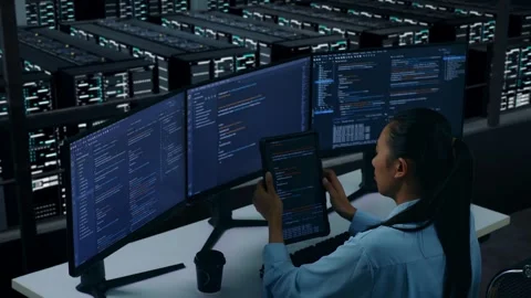 Asian Woman Developer Working With Tablet While Write Code In Data Center Stock Footage 270231009