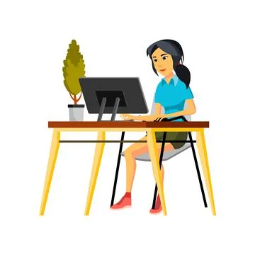 Asian woman developing application on computer cartoon vector Stock Illustration