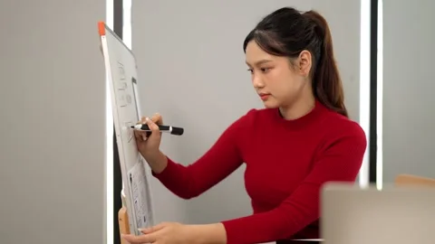 Asian woman drawing user interface design on whiteboard for mobile app deve.. Stock Footage 333470354