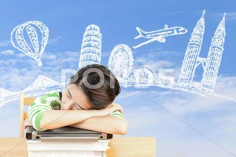 Asian woman dreaming about travel and holiday Stock Photos